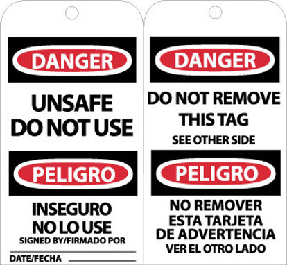 Tags - Unsafe Do Not Use Bilingual - 6X3 - .015 Mil Unrip Vinyl - 25 Pk W/ Grommet - RPT154G