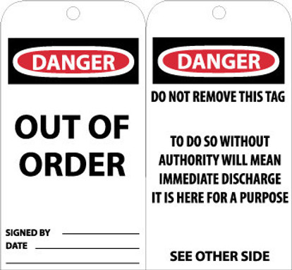 Tags - Danger: Out Of Order - 6X3 - Unrip Vinyl - Pack of 25 W/ Grommet - RPT25G