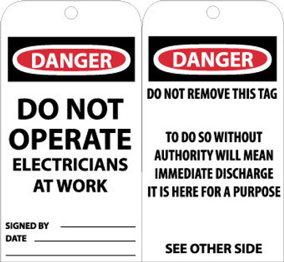 Tags - Danger: Do Not Operate Electricians - 6X3 - Unrip Vinyl - Pack of 25 - RPT3