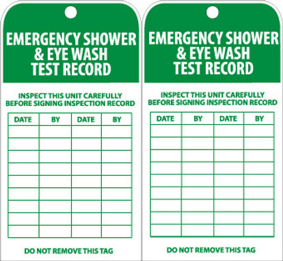 Tags - Emergency Shower And Eye Wash Test Record - 6X3 - Unrip Vinyl - Pack of 25 W/ Grommet - RPT37G