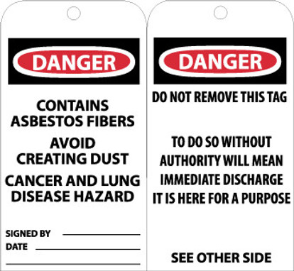 Tags - Danger: Contains Asbestos Fiber - 6X3 - Unrip Vinyl - Pack of 25 W/ Grommet - RPT39G