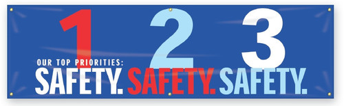 Safety Banners: Our Top Priorities - 1 Safety 2 Safety 3 Safety 28" x 8-ft 1/Each - MBR951