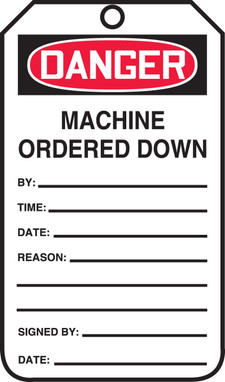 OSHA Danger Safety Label: Machine Ordered Down Standard Back A PF-Cardstock 25/Pack - MDT137CTP