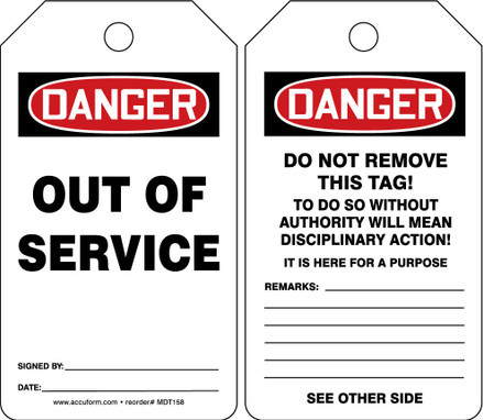 OSHA Danger Safety Tag: Out Of Service English Standard Back A HS-Laminate 5/Pack - MDT158LTM