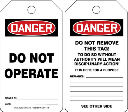 OSHA Danger Safety Tag: Do Not Operate English Standard Back B Self-Laminating RP-Plastic 5/Pack - MDT189LPM