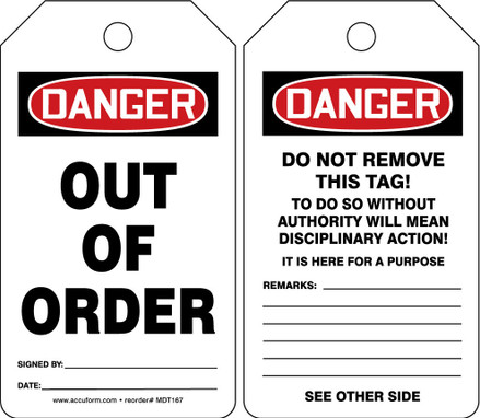 OSHA Danger Safety Tag: Out Of Order Standard Back B HS-Laminate 25/Pack - MDT231LTP