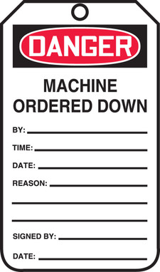 OSHA Danger Safety Label: Machine Ordered Down Standard Back B RP-Plastic 25/Pack - MDT240PTP