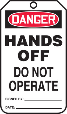 OSHA Danger Safety Tag: Hands Off - Do Not Operate Standard Back A 8 1/2" x 3 7/8" PF-Cardstock 25/Pack - MDT280CTP