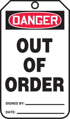 Jumbo OSHA Danger Safety Tag: Out Of Order Standard Back A 8 1/2" x 3 7/8" PF-Cardstock 5/Pack - MDT282CTM