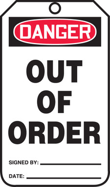 Jumbo OSHA Danger Safety Tag: Out Of Order Standard Back B 8 1/2" x 3 7/8" PF-Cardstock 25/Pack - MDT293CTP