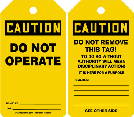 OSHA Caution Safety Tag: Do Not Operate English Standard Back B HS-Laminate 5/Pack - MDT621LTM