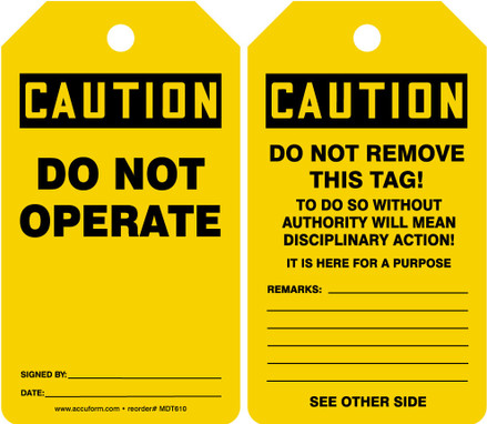 OSHA Caution Safety Tag: Do Not Operate English Standard Back B RP-Plastic 5/Pack - MDT621PTM