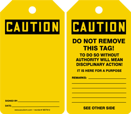 OSHA Caution Safety Tag: Blank English Standard Back B Self-Laminating RP-Plastic 25/Pack - MDT623LPP