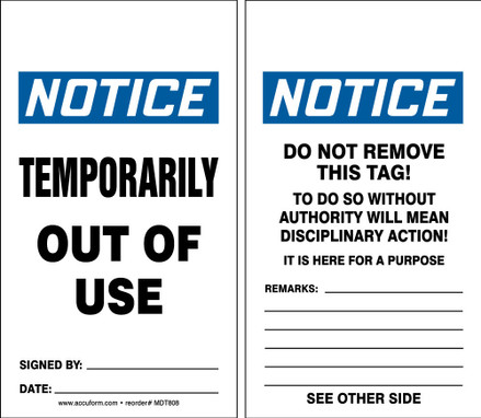 OSHA Notice Safety Tag: Temporarily Out Of Use Standard Back A PF-Cardstock 5/Pack - MDT808CTM
