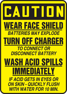 OSHA Caution Safety Sign: Wear Face Shield - Batteries May Explode 14" x 10" Plastic 1/Each - MELC651VP