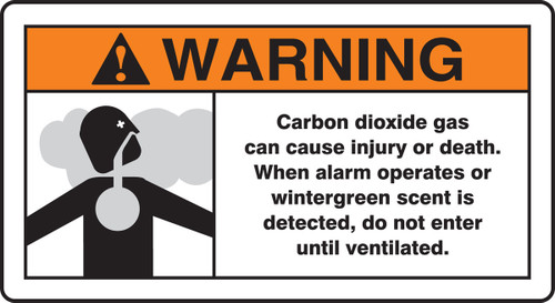 ANSI Warning Safety Sign: Carbon Dioxide Gas Can Cause Injury Or Death - When Alarm Operates Or Wintergreen Scent Is Detected Do Not Enter 6 1/2" x 12" Aluminum 1/Each - MFXG344VA