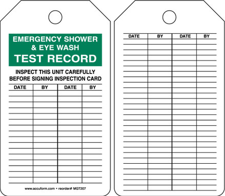 Safety Tag: Emergency Shower & Eye Wash Test Record - Inspect This Unit Carefully Before Signing Inspection Card English HS-Laminate 5/Pack - MGT207LTM