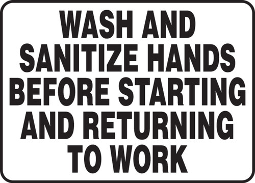 Safety Sign: Wash And Sanitize Hands Before Starting And Returning To Work 10" x 14" Aluminum 1/Each - MHSK566VA