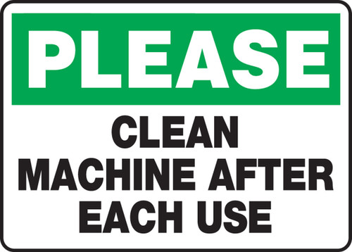 Safety Sign: Please Clean Machine After Each Use 10" x 14" Adhesive Vinyl 1/Each - MHSK919VS