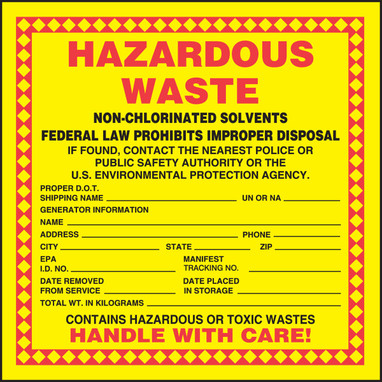 Hazardous Waste Label: Hazardous Waste - Non-Chlorinated Solvents 6" x 6" Adhesive Coated Paper 25/Pack - MHZW05EVP