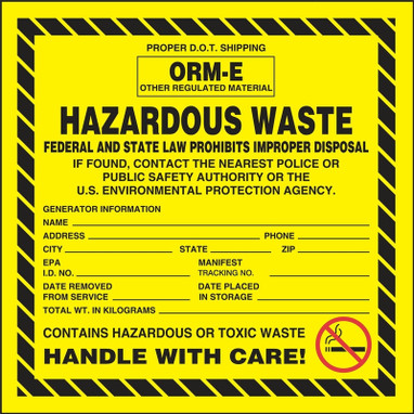 Hazardous Waste Label: Hazardous Waste - ORM-E 6" x 6" Adhesive Coated Paper 25/Pack - MHZW06PSP