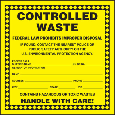 Hazardous Waste Label: Controlled Waste 6" x 6" Adhesive Coated Paper 25/Pack - MHZW18PSP