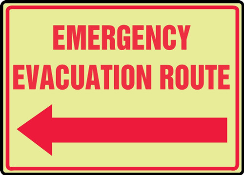 Glow-In-The-Dark Safety Sign: Emergency Evacuation Route (Left Arrow) 10" x 14" Lumi-Glow Plus+ Adhesive 1/Each - MLFE507GH