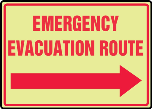 Glow-In-The-Dark Safety Sign: Emergency Evacuation Route (Right Arrow) 10" x 14" Lumi-Glow Plus+ Plastic 1/Each - MLFE508GT