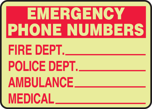 Glow Fire Safety Sign: Emergency Phone Numbers 7" x 10" Lumi-Glow Flex 1/Each - MLFE538GF