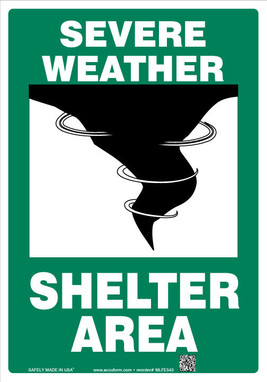 Glow-In-The-Dark Safety Sign: Severe Weather Shelter Area 10" x 7" Lumi-Glow Plastic - MLFE543GP