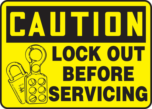 OSHA Caution Lockout/Tagout Sign: Lock Out Before Servicing 10" x 14" Plastic 1/Each - MLKT606VP