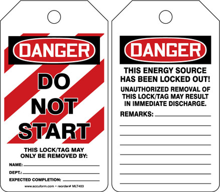 OSHA Danger Lockout Tag: Do Not Start English RP-Plastic 5/Pack - MLT403PTM