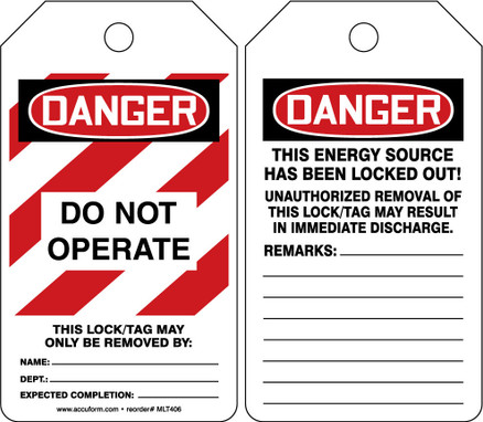 OSHA Danger Lockout Tag: Do Not Operate RP-Plastic 5/Pack - MLT406PTM