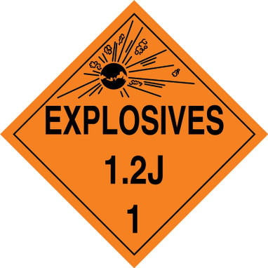 DOT Placard: Hazard Class 1 - Explosives & Blasting Agents (1.2J) 10 3/4" x 10 3/4" Plastic 50/Pack - MPL117VP50