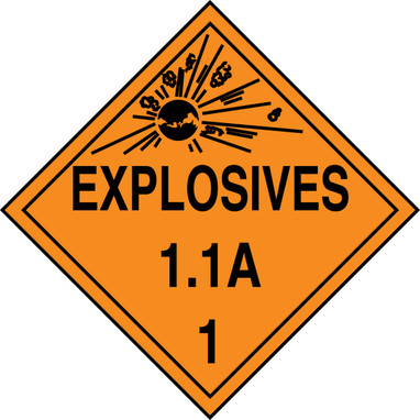DOT Placard: Hazard Class 1 - Explosives & Blasting Agents (1.1A) 10 3/4" x 10 3/4" Reflective Vinyl 50/Pack - MPL11FV50