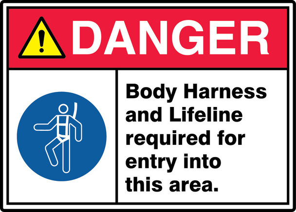 ANSI ISO Danger Safety Sign: Body Harness And Lifeline Required For Entry Into This Area. 10" x 14" Dura-Plastic 1/Each - MRHL011XT