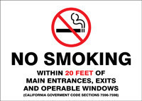 Smoking Control Sign: No Smoking Within 20 Feet Of Entrances... (California) 10" x 14" Aluma-Lite 1/Each - MSMK498XL