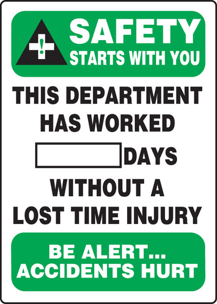 Write-A-Day Scoreboards: Safety Starts With You - This Department Has Worked _ Days Without A Lost Time Injury - Be Alert Accidents Hurt 20" x 14" Plastic / - MSR128PL