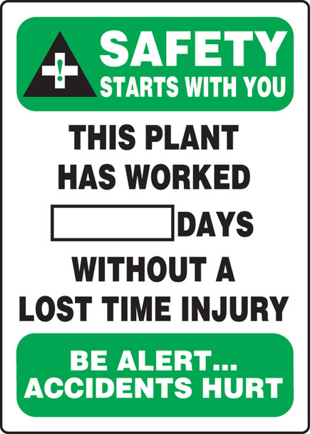 Write-A-Day Scoreboards: Safety Starts With You - This Plant Has Worked _ Days Without A Lost Time Accident - Be Alert Accidents Hurt 28" x 20" Plastic 1/Each - MSR232PL