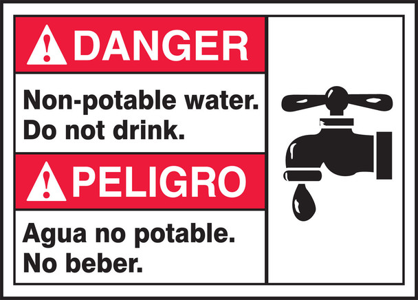 Spanish (Mexican) Bilingual ANSI Danger Visual Alert Safety Sign: Non-Potable Water - Do Not Drink 10" x 14" Adhesive Vinyl 1/Each - MTAS108VS