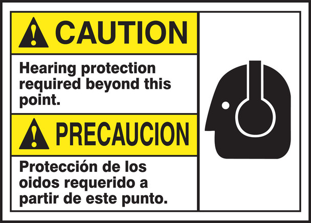 Spanish (Mexican) Bilingual ANSI Caution Visual Alert Safety Sign: Hearing Protection Required Beyond This Point 10" x 14" Dura-Plastic 1/Each - MTAS602XT
