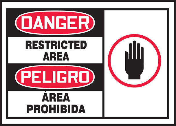 Bilingual OSHA Danger Safety Label: Restricted Area 3 1/2" x 5" Adhesive Vinyl 5/Pack - SBLADM007VSP