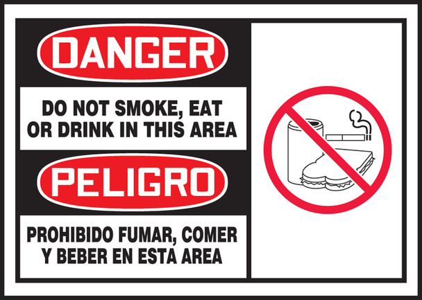 Bilingual OSHA Danger Safety Label: Do Not Smoke, Eat Or Drink In This Area 3 1/2" x 5" Adhesive Dura Vinyl 1/Each - SBLSMK002XVE