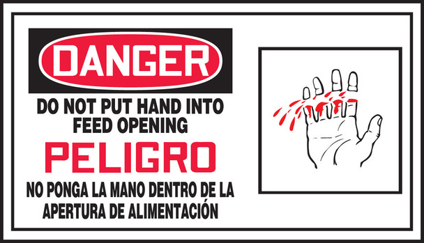 Bilingual OSHA Danger Safety Label: Do Not Put Hand Into Feed Opening 4" x 7" / - SBLSPS103VSP
