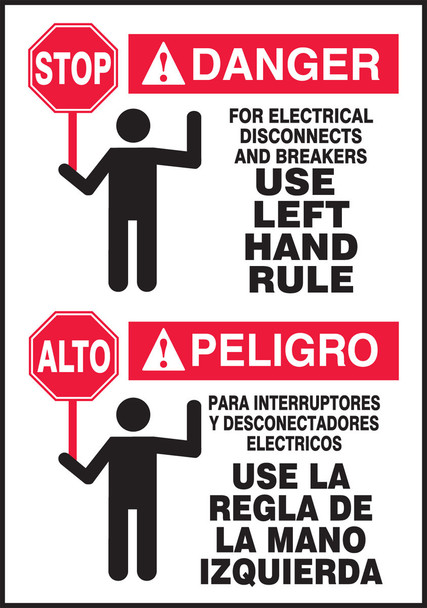 Bilingual OSHA Danger Safety Label: For Electrical Disconnects And Breakers - Use Left Hand Rule 5" x 3 1/2" Adhesive Vinyl 5/Pack - SBLSPS193VSP