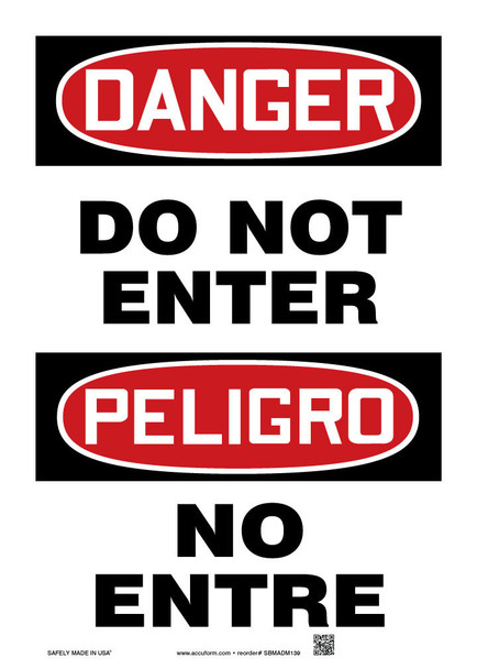 Bilingual OSHA Danger Safety Sign: Do Not Enter 14" x 10" Plastic / - SBMADM139VP