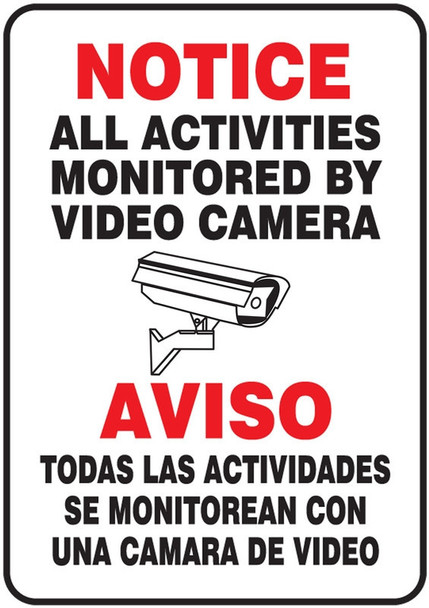 Bilingual Notice Safety Sign: All Activities Monitored By Video Camera 14" x 10" Aluma-Lite 1/Each - SBMASE809XL