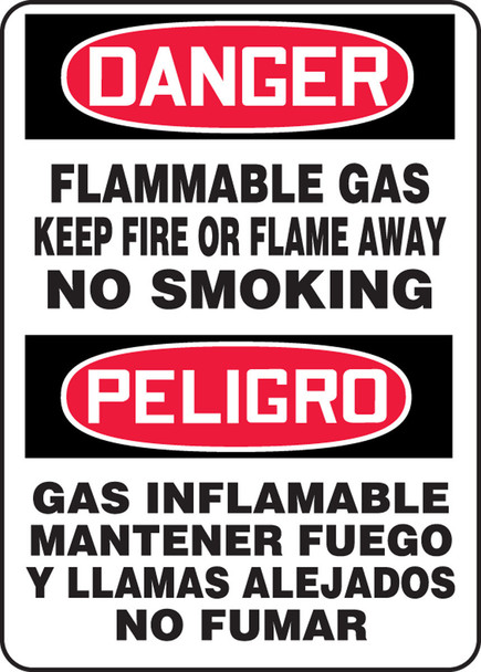 Bilingual Spanish OSHA Danger Safety Sign: Flammable Gas Keep Fire Or Flame Away No Smoking 14" x 10" Aluma-Lite 1/Each - SBMCHG062XL