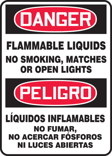 Bilingual OSHA Danger Safety Sign: Flammable Liquids - No Smoking, Matches Or Open Lights 14" x 10" Aluminum 1/Each - SBMCHG068VA