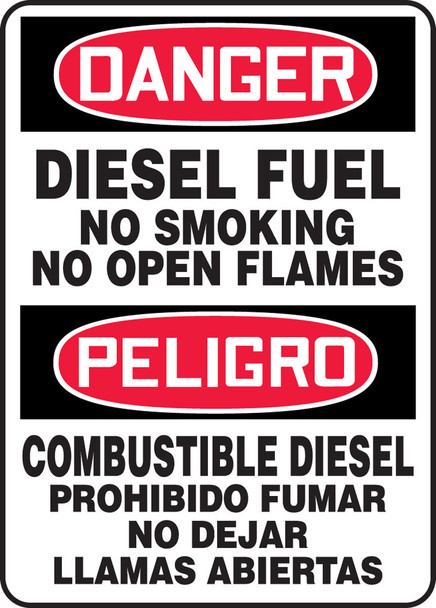 Bilingual Spanish OSHA Danger Safety Sign: Diesel Fuel No Smoking No Open Flames 14" x 10" Adhesive Vinyl 1/Each - SBMCHL270VS